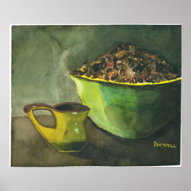 Steaming Morning Cup of Coffee Bowl Coffee Beans Poster (Front)