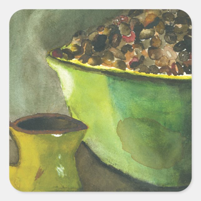 Steaming Morning Cup of Coffee Bowl Coffee Beans Square Sticker (Front)
