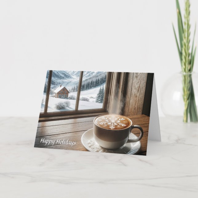 Steaming Snowflake Latte By a Winter Window Holiday Card (Front)