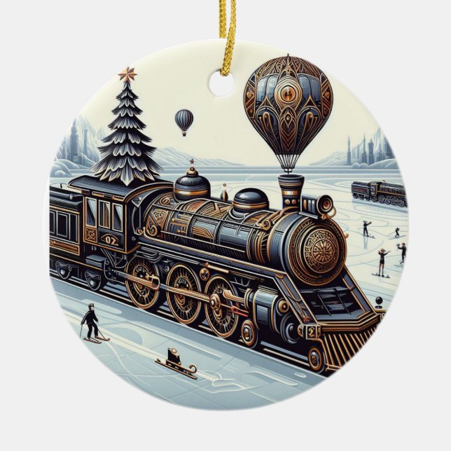 Steaming Through Winter's Wonderland Ceramic Ornament (Front)