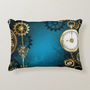 Steampun turquoise Background with Gears Accent Pillow