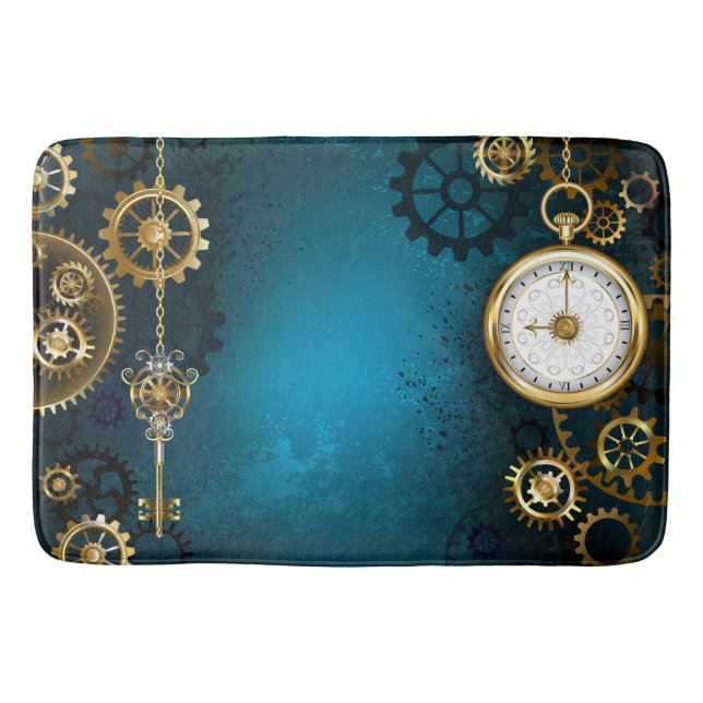 Steampun turquoise Background with Gears Bath Mat (Front)