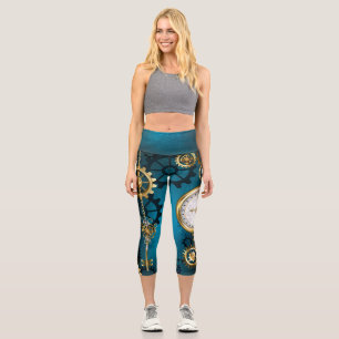 Steampun turquoise Background with Gears Capri Leggings
