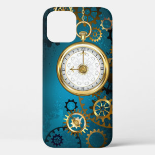 Steampun turquoise Background with Gears iPhone 12 Case