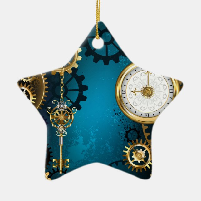 Steampun turquoise Background with Gears Ceramic Ornament (Front)