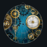 Steampun turquoise Background with Gears Dartboard<br><div class="desc">Turquoise,  textured,  steampunk background with brass and gold gears,  a silver key and the clock. Steampunk style.</div>