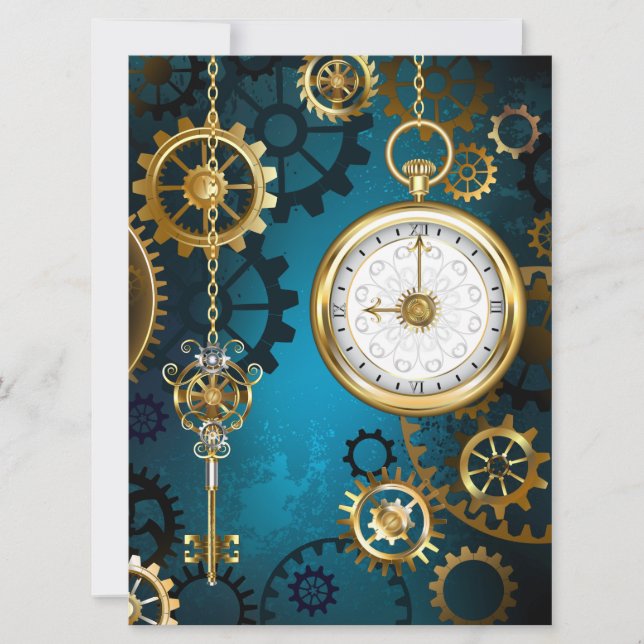 Steampun turquoise Background with Gears Holiday Card (Front)