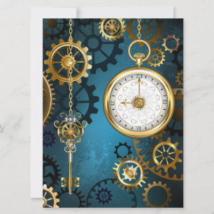 Steampun turquoise Background with Gears Holiday Card