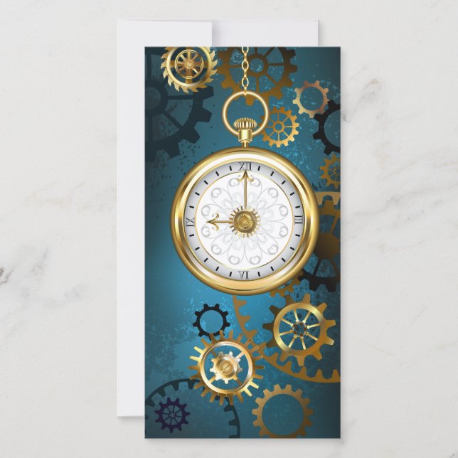 Steampun turquoise Background with Gears Holiday Card (Front)