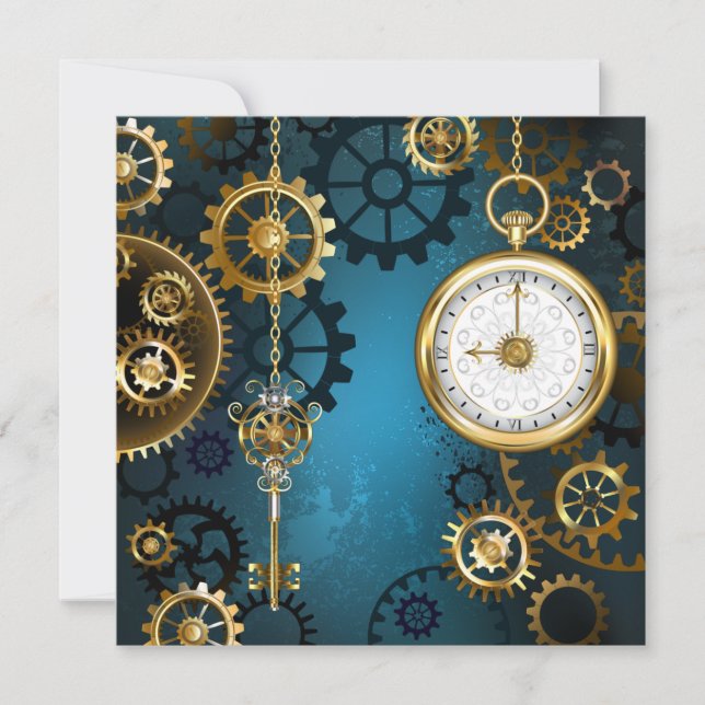 Steampun turquoise Background with Gears Holiday Card (Front)