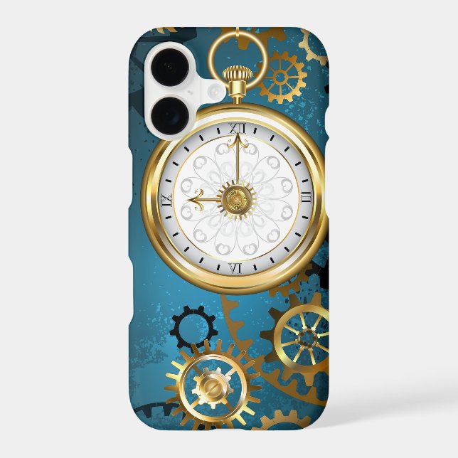 Steampun turquoise Background with Gears iPhone Case (Back)