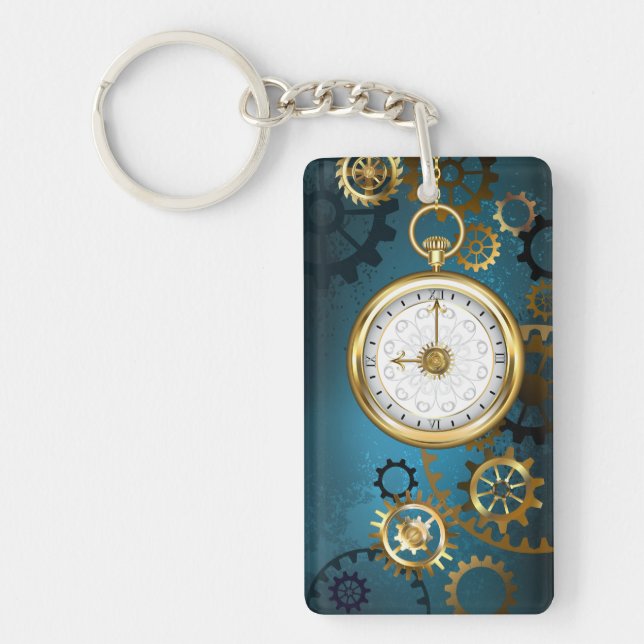 Steampun turquoise Background with Gears Keychain (Front)