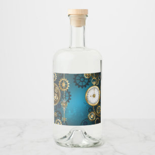 Steampun turquoise Background with Gears Liquor Bottle Label