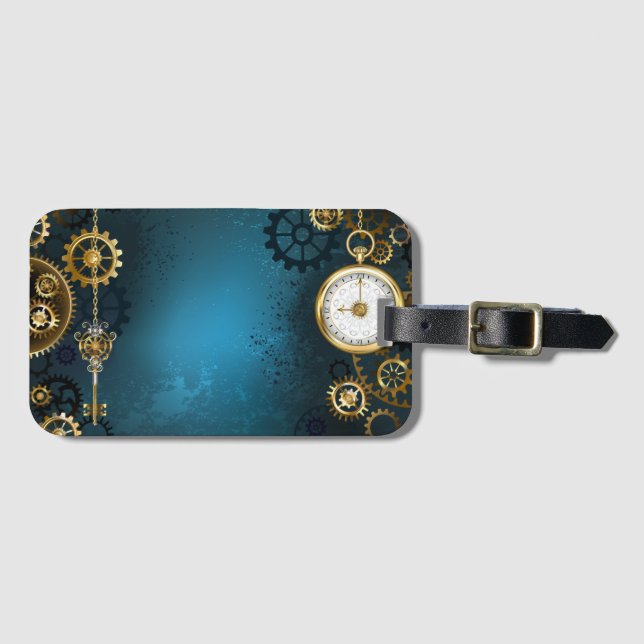 Steampun turquoise Background with Gears Luggage Tag (Front Horizontal)