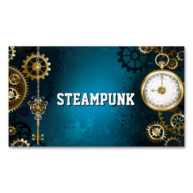 Steampun turquoise Background with Gears Magnetic Business Card (Front)