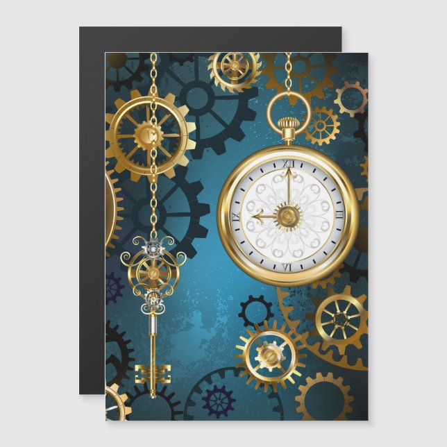 Steampun turquoise Background with Gears Magnetic Invitation (Front/Back)