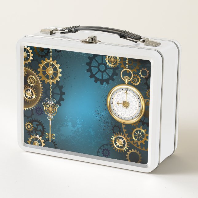Steampun turquoise Background with Gears Metal Lunch Box (Front)