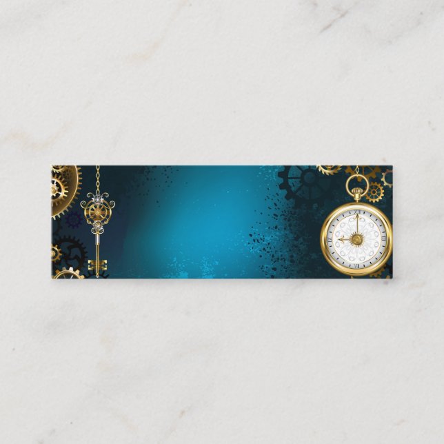 Steampun turquoise Background with Gears Mini Business Card (Front)