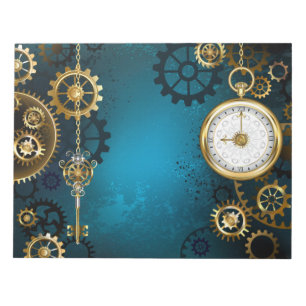 Steampun turquoise Background with Gears Notepad