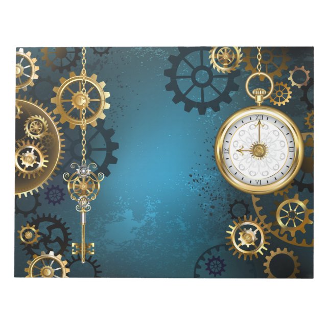 Steampun turquoise Background with Gears Notepad (Front)