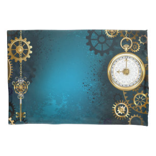 Steampun turquoise Background with Gears Pillowcase