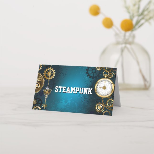 Steampun turquoise Background with Gears Place Card (Front)