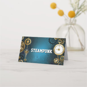 Steampun turquoise Background with Gears Place Card