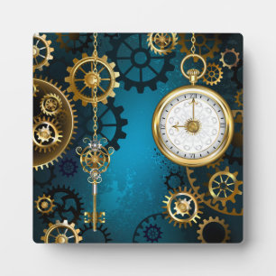 Steampun turquoise Background with Gears Plaque