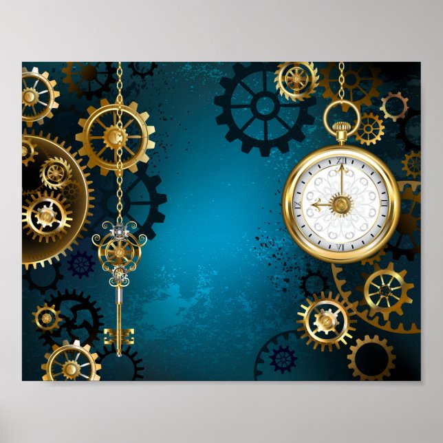Steampun turquoise Background with Gears Poster (Front)