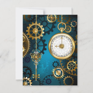 Steampun turquoise Background with Gears RSVP Card