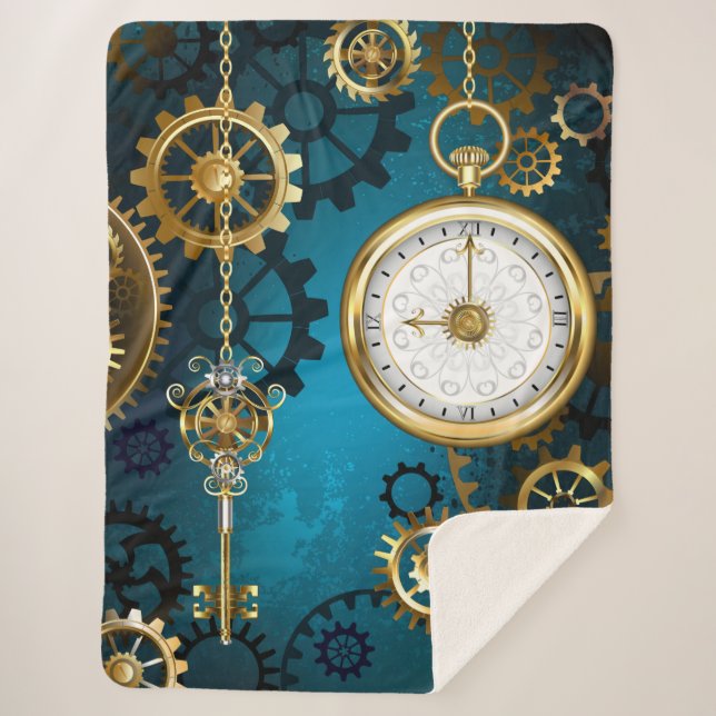 Steampun turquoise Background with Gears Sherpa Blanket (Front)