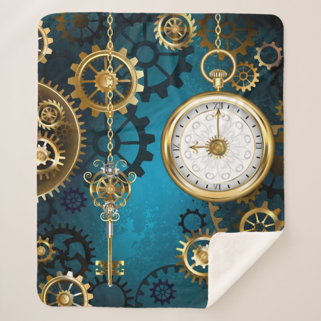 Steampun turquoise Background with Gears Sherpa Blanket (Front)