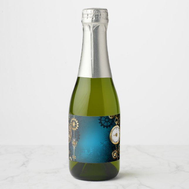 Steampun turquoise Background with Gears Sparkling Wine Label (Front)