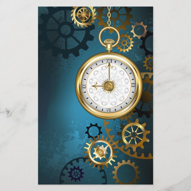 Steampun turquoise Background with Gears Stationery (Front)