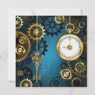 Steampun turquoise Background with Gears Thank You Card