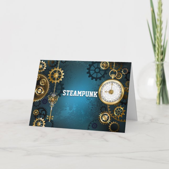 Steampun turquoise Background with Gears Thank You Card (Front)