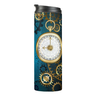 Steampun turquoise Background with Gears Thermal Tumbler