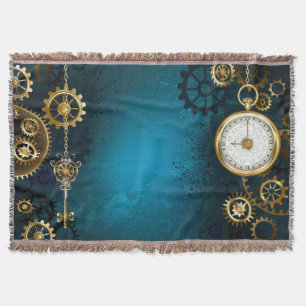 Steampun turquoise Background with Gears Throw Blanket