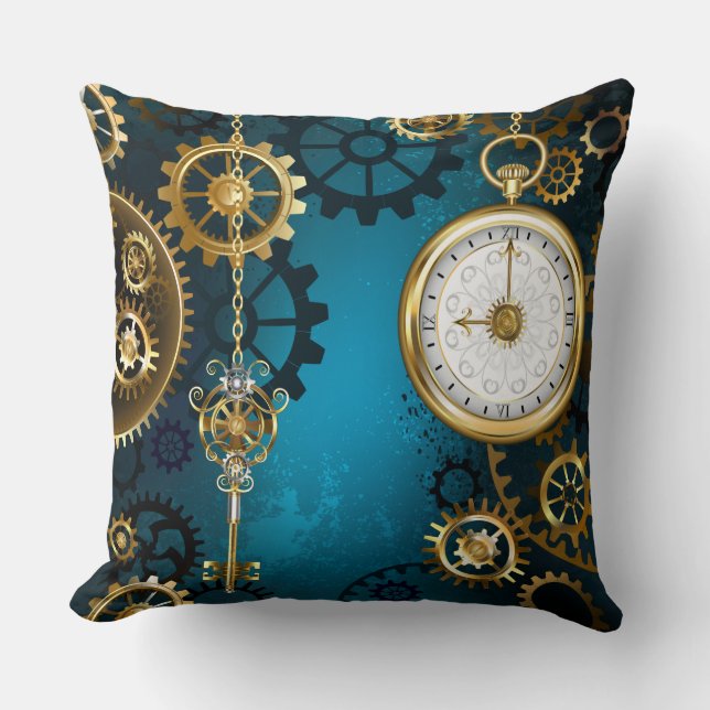Steampun turquoise Background with Gears Throw Pillow (Front)