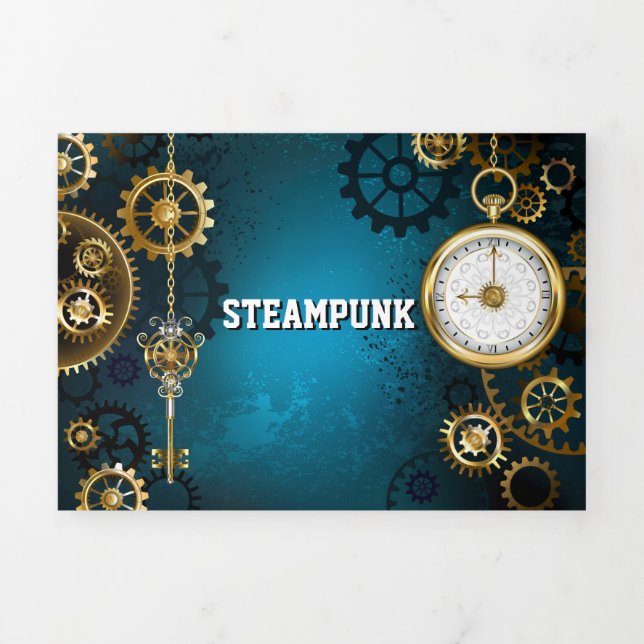 Steampun turquoise Background with Gears Tri-Fold Invitation (Cover)
