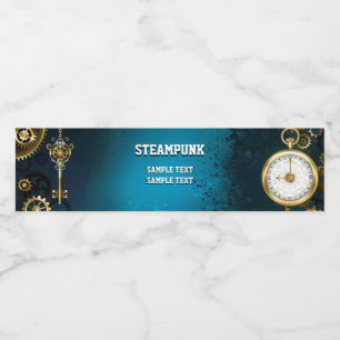 Steampun turquoise Background with Gears Water Bottle Label