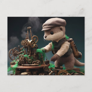 Steampunk Adorable Otter Works on Machinery Postcard