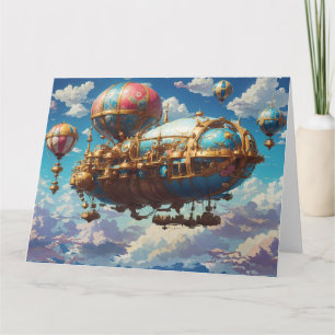Steampunk Airship and Balloons in Sky Card
