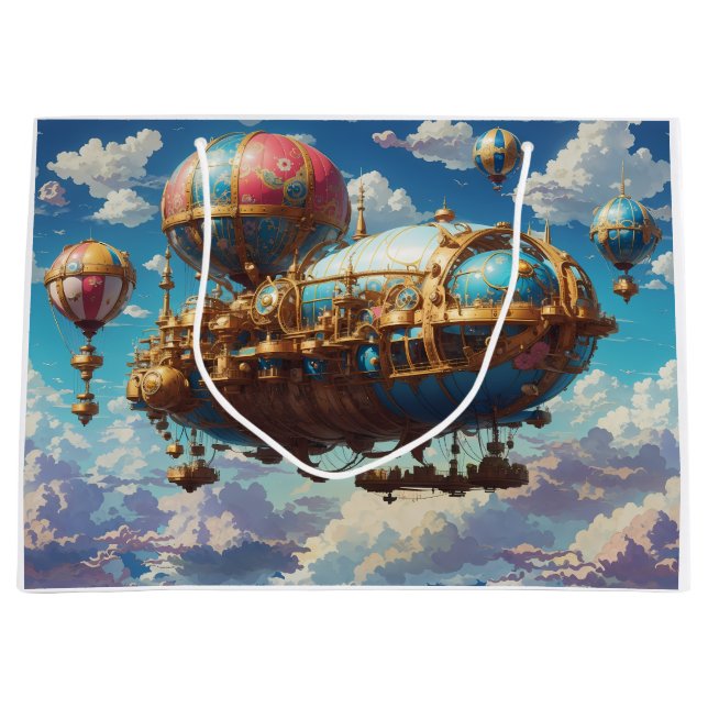 Steampunk Airship and Balloons in Sky Large Gift Bag (Front)