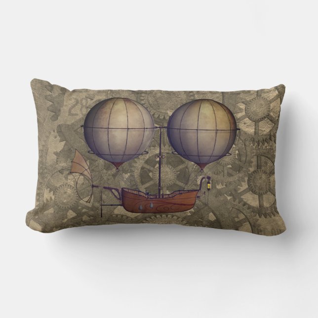 Steampunk Airship Dirigible Blimp & Cogs Lumbar Pillow (Front)