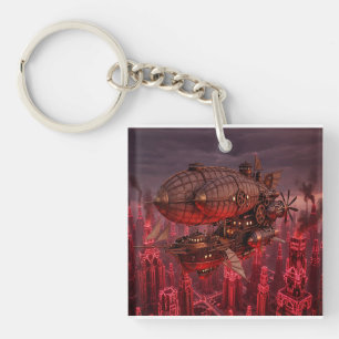 Steampunk Airship Flying Above Town Keychain