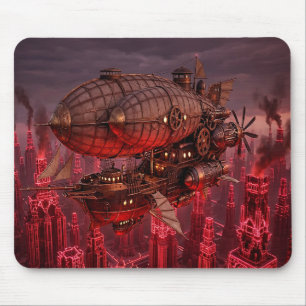 Steampunk Airship Flying Above Town Mouse Pad