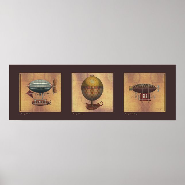 Steampunk Airship Trio of Fantasy Dirigibles Poster (Front)