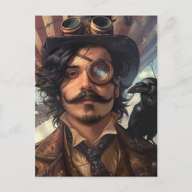 Steampunk Airship Victorian Industrial Raven Postcard (Front)