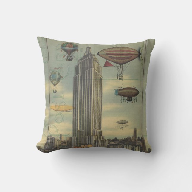 Steampunk Airships in the Sky over New York City Throw Pillow (Front)